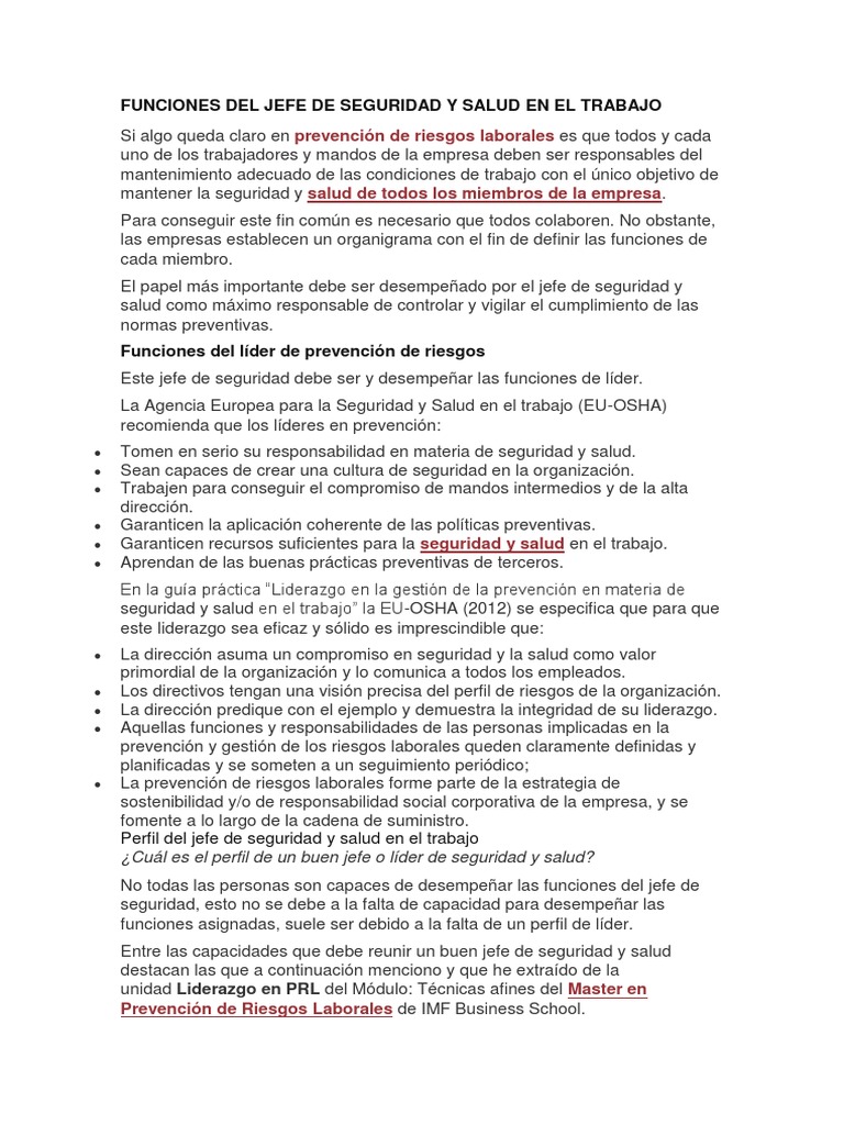 Funciones del Jefe de Seguridad Laboral | PDF | Liderazgo | Seguridad y ...
