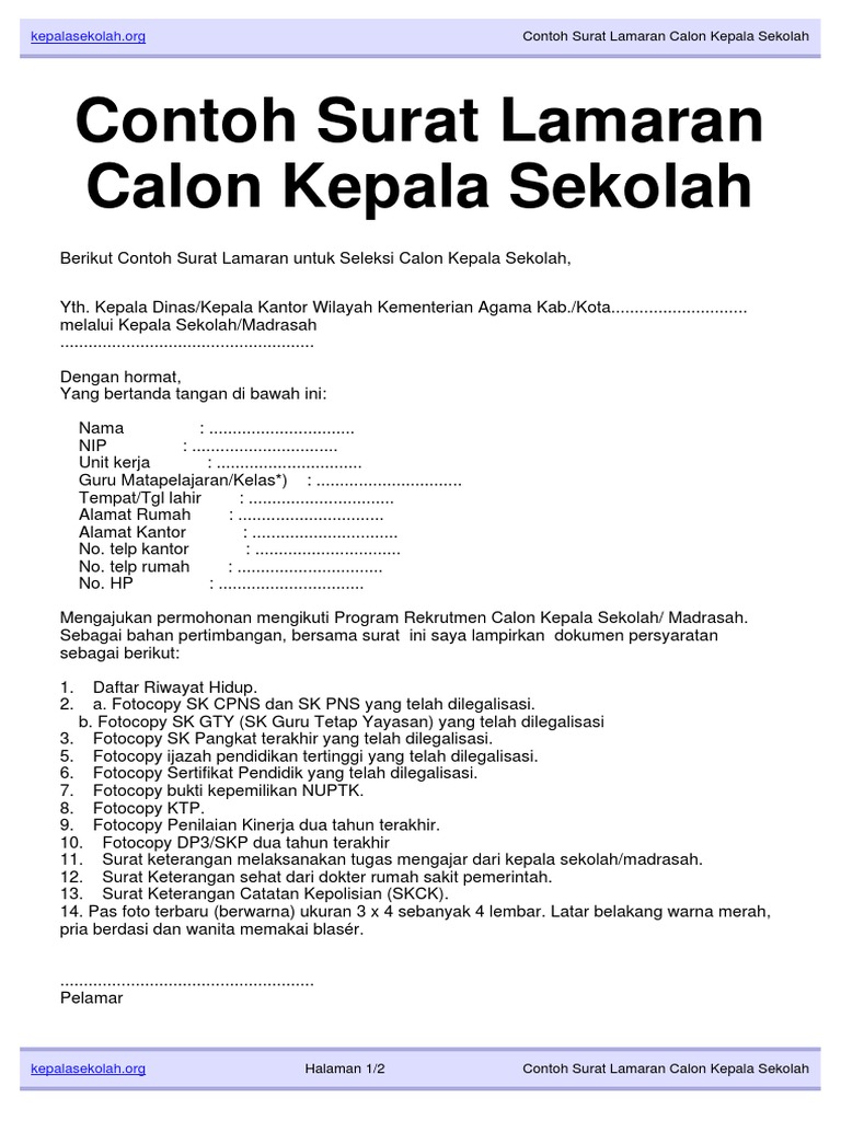 Contoh Surat Lamaran Calon Kepala Sekolah