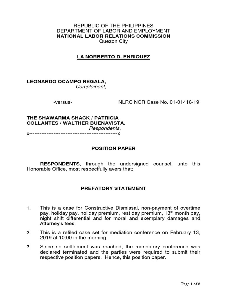 Labor Dispute Position Paper | PDF | Damages | Overtime