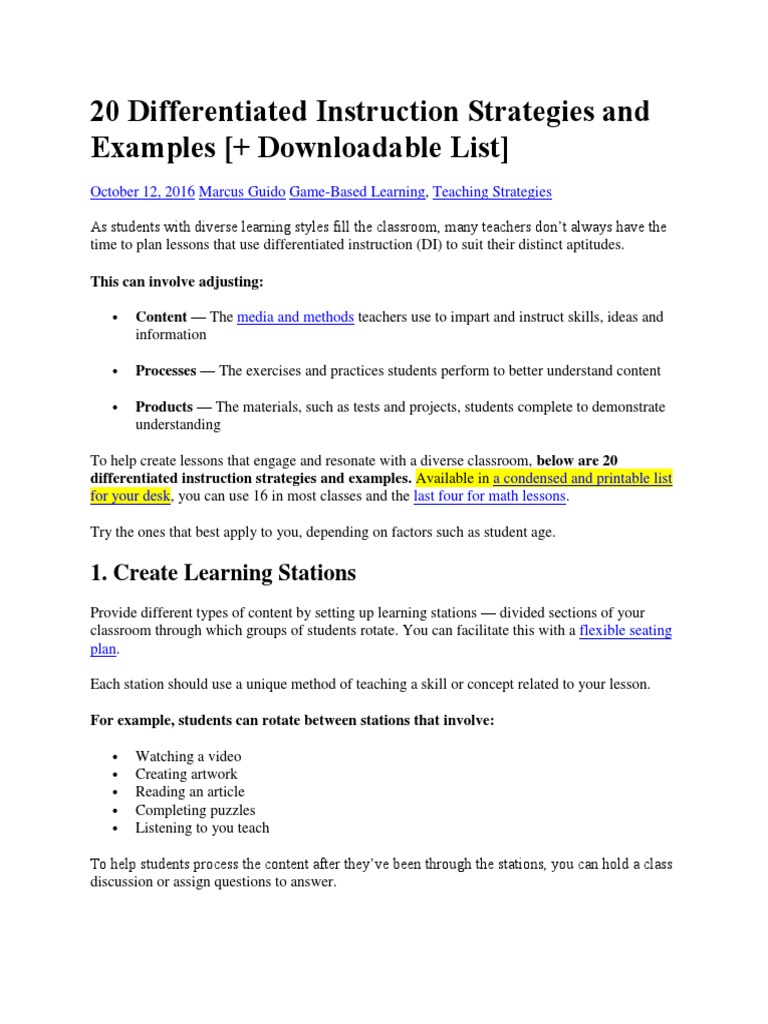 20 Differentiated Instruction Strategies and Examples | PDF ...