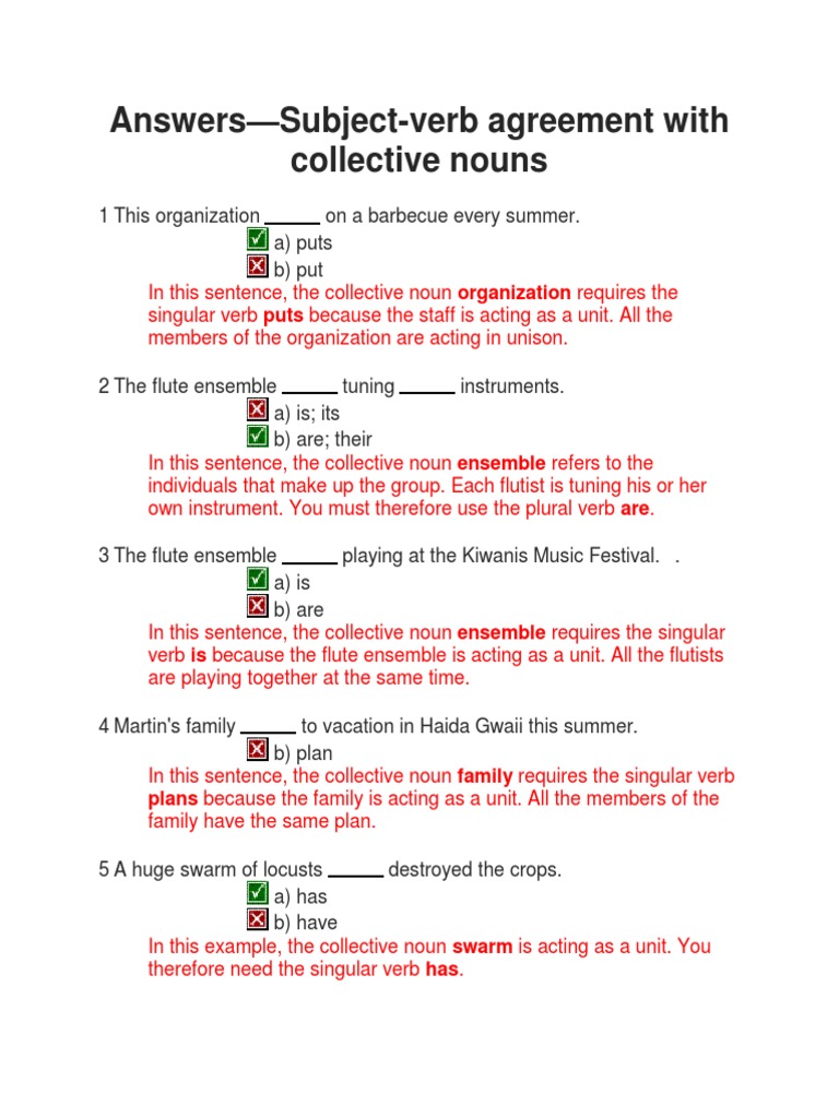 Answers - Subject-Verb Agreement With Collective Nouns: Organization Puts |  PDF