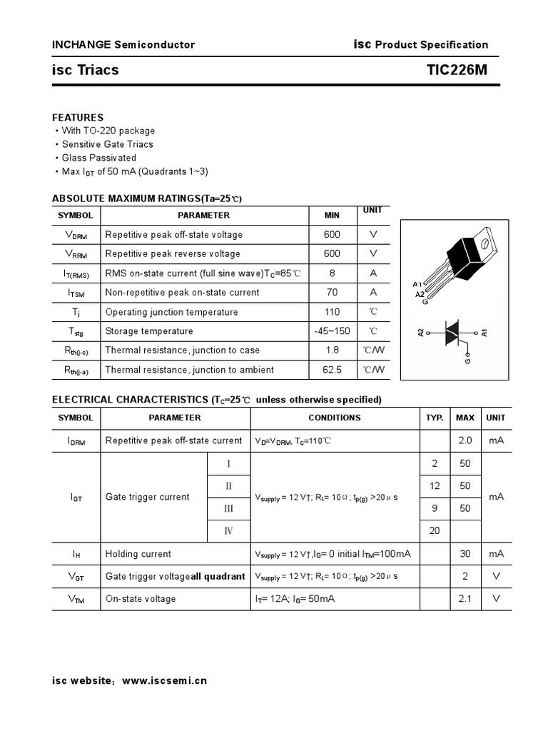 Isc Triacs TIC226M: INCHANGE Semiconductor Product Specification | PDF