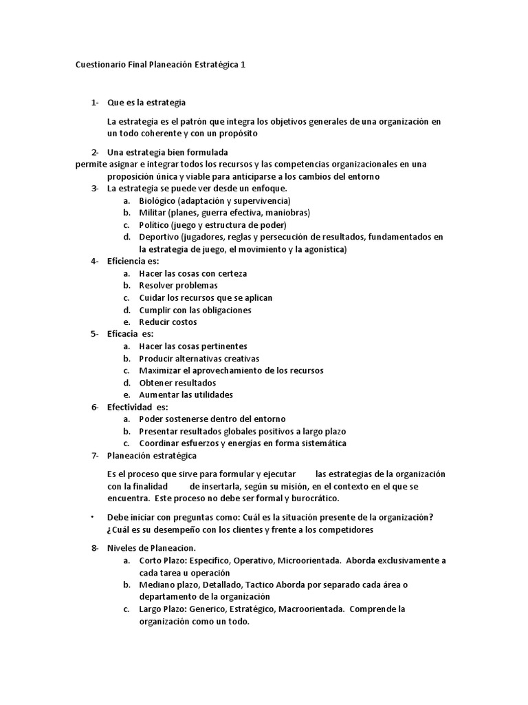 Cuestionario sobre Planeación Estratégica | PDF | Planificación | Liderazgo