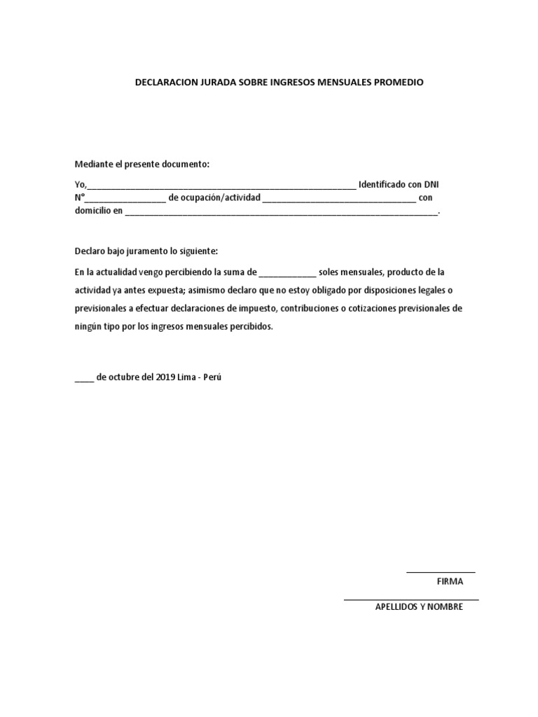 Declaracion Jurada Sobre Ingresos Mensuales Promedio | PDF