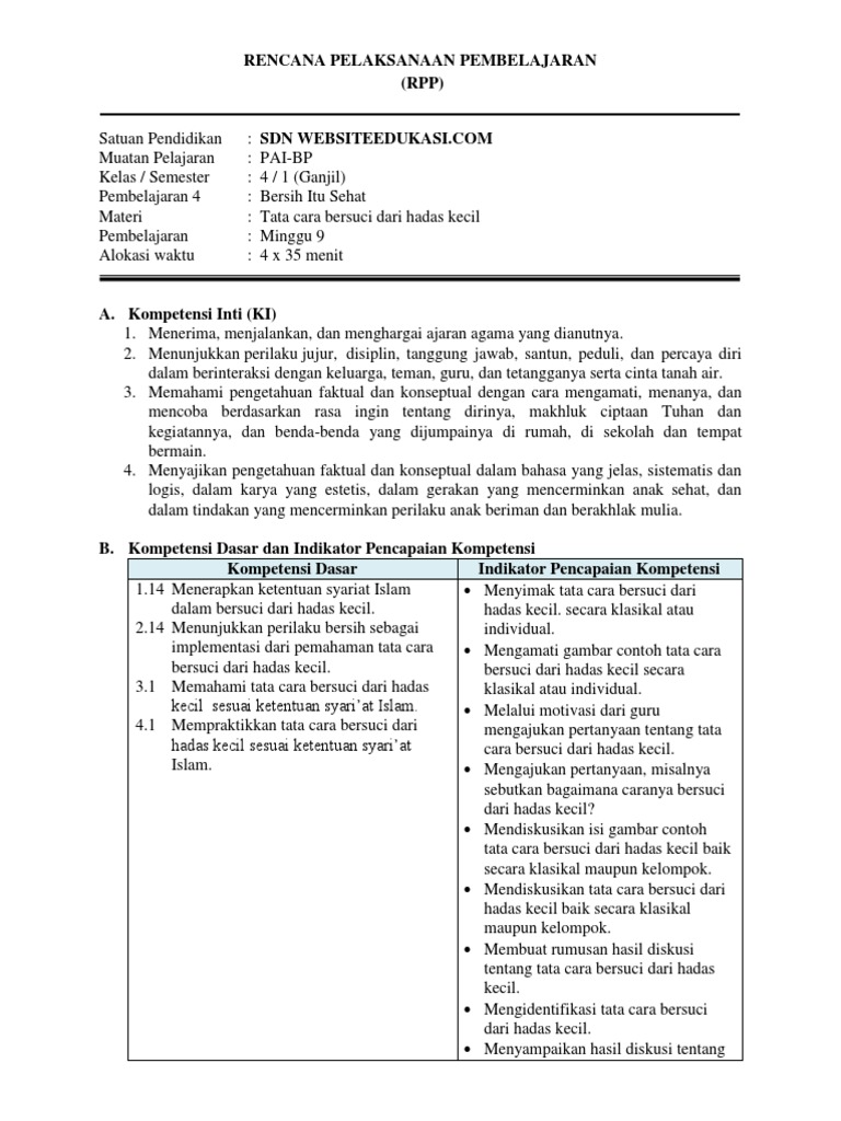 9 Rpp Pai Bp Kelas 4 Tatacara Bersuci Dari Hadas Kecil Websiteedukasi Com Docx