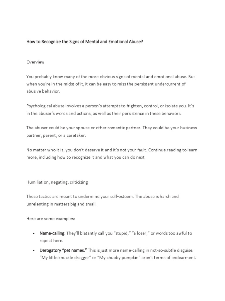 How To Recognize The Signs of Mental and Emotional Abuse | PDF ...