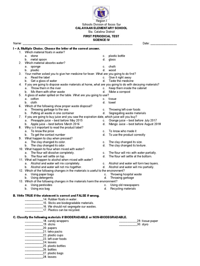 Grade 4 Science 1st Periodical Test | PDF | Biodegradation | Recycling