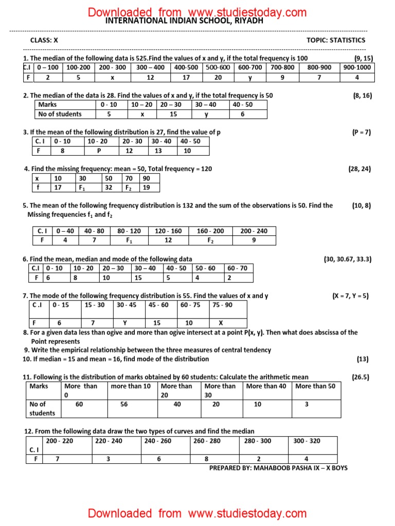 CBSE Class 10 Maths Worksheet Statistics PDF Arithmetic Mean Median