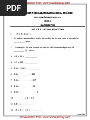 cbse class 5 mathematics worksheet decimal and average pdf decimal fraction mathematics