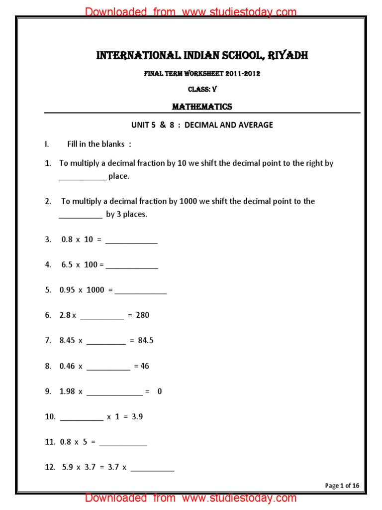 cbse class 5 mathematics worksheet decimal and average pdf decimal fraction mathematics