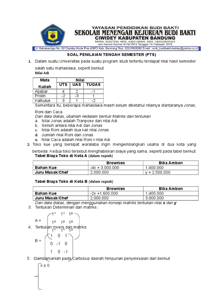 Soal Pts Matematika Kls Xi Smk