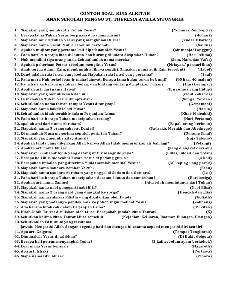 Kisi Kisi Kuis Alkitab Asmika St Theresia Avilla Situngkir