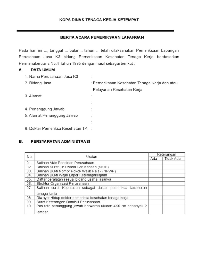 Contoh Bap Dari Disnaker Pemeriksaan Lapangan Pjk3