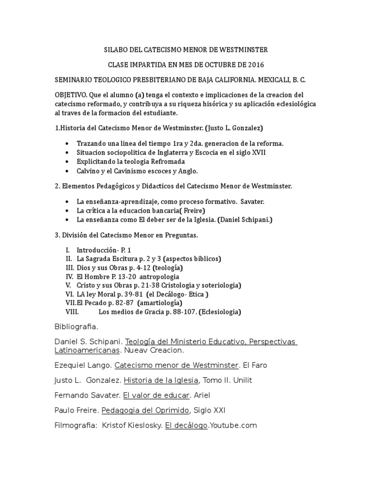 Silabo Del Catecismo Menor de Westminster2 PDF