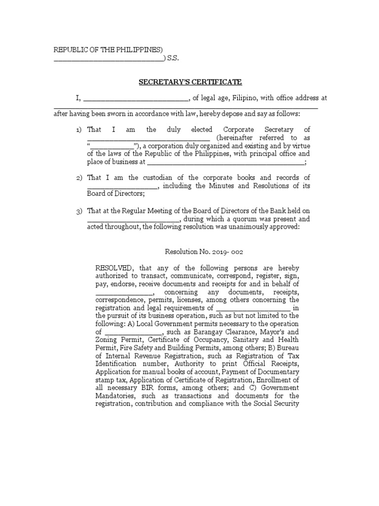 Secretary’s Certificate Sample Template | PDF | Receipt | Board Of ...