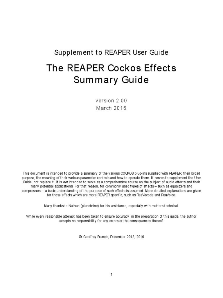 The Reaper Cock Os Ef F Ect S Summaryguide: Supplem Ent T O Reaper User ...
