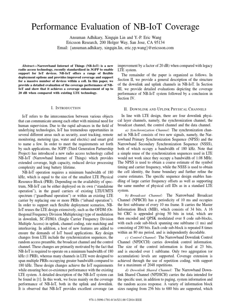 Performance Evaluation of NB-IoT Coverage | PDF | Lte ...
