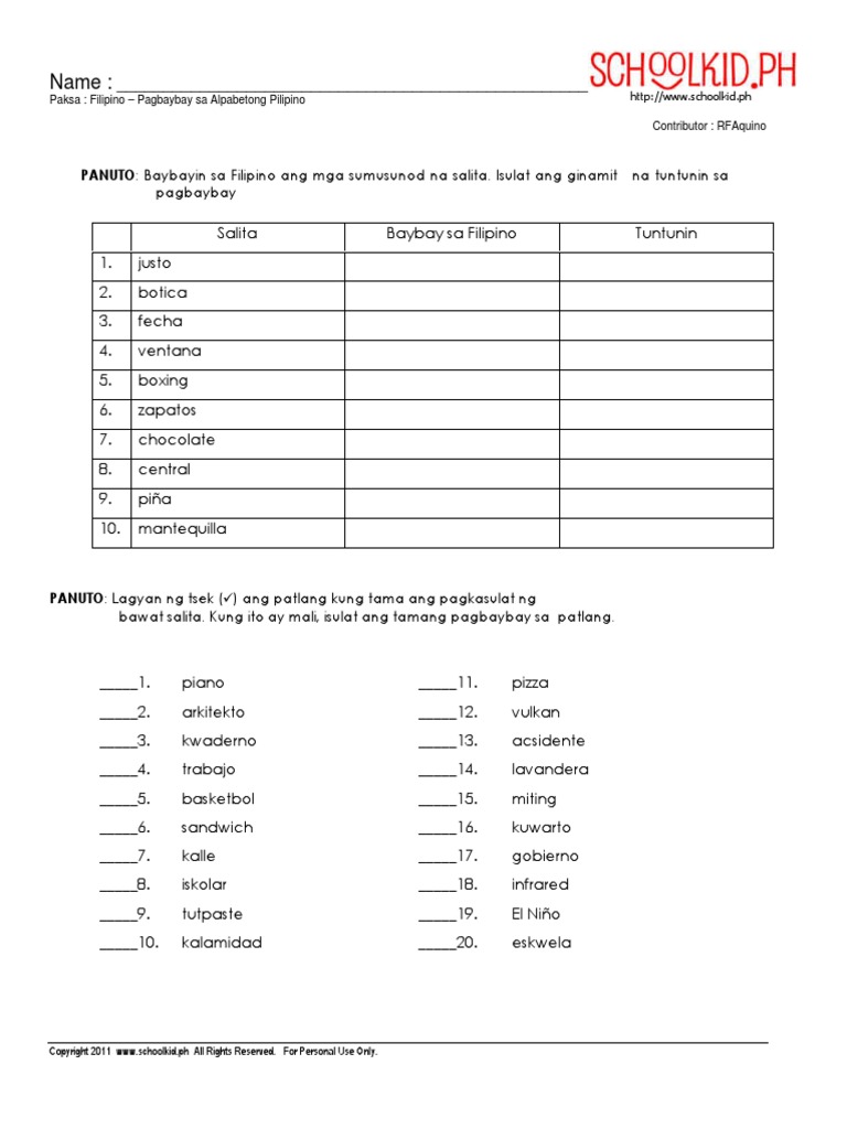 Name Panuto Baybayin Sa Filipino Ang Mga Sumusunod Na Salita Isulat Ang Ginamit Na Tuntunin Sa Pagbaybay