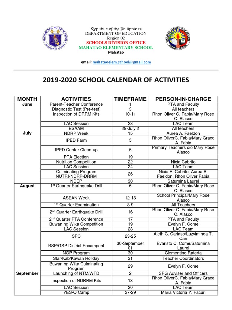 School Calendar of Activities 20192020 PDF Learning
