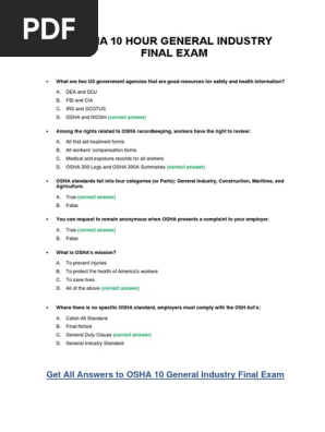 Osha 10 Hour General Industry Final Exam Answer Key Pdf Occupational Safety And Health Administration Occupational Safety And Health