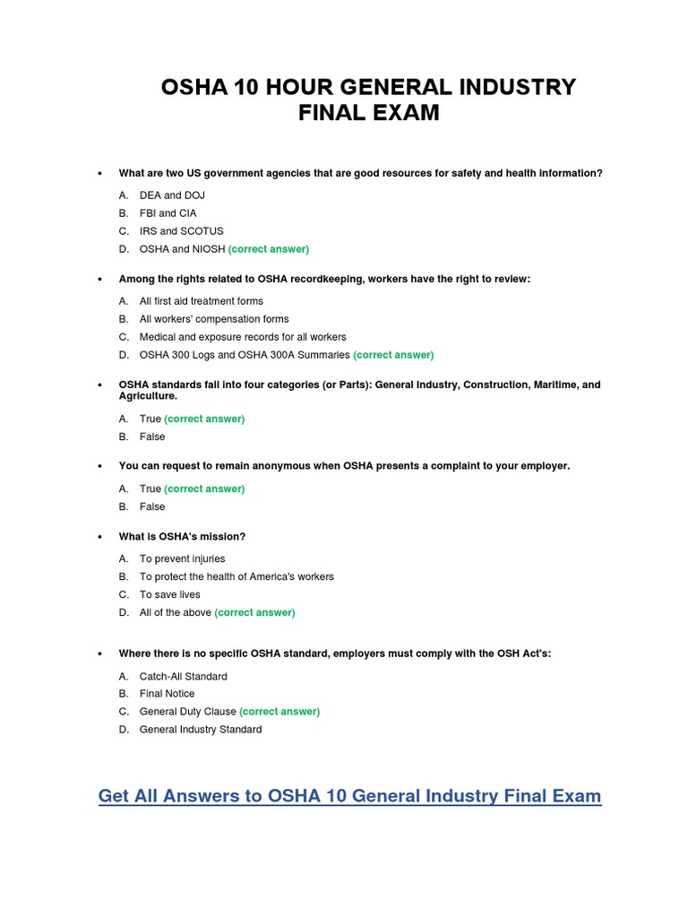 Osha 10 Hour General Industry Final Exam Answer Key Pdf
