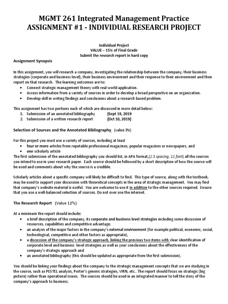 MGMT 261 Integrated Management Practice Assignment #1 - Individual ...