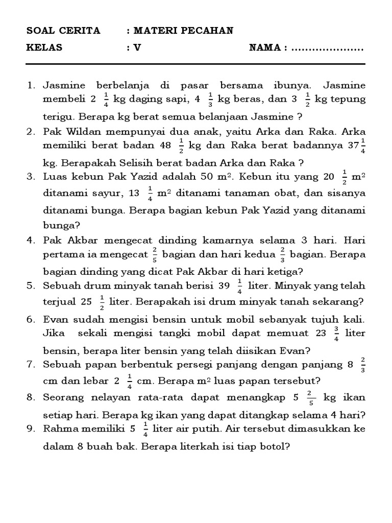 Soal Cerita Pecahan Pdf