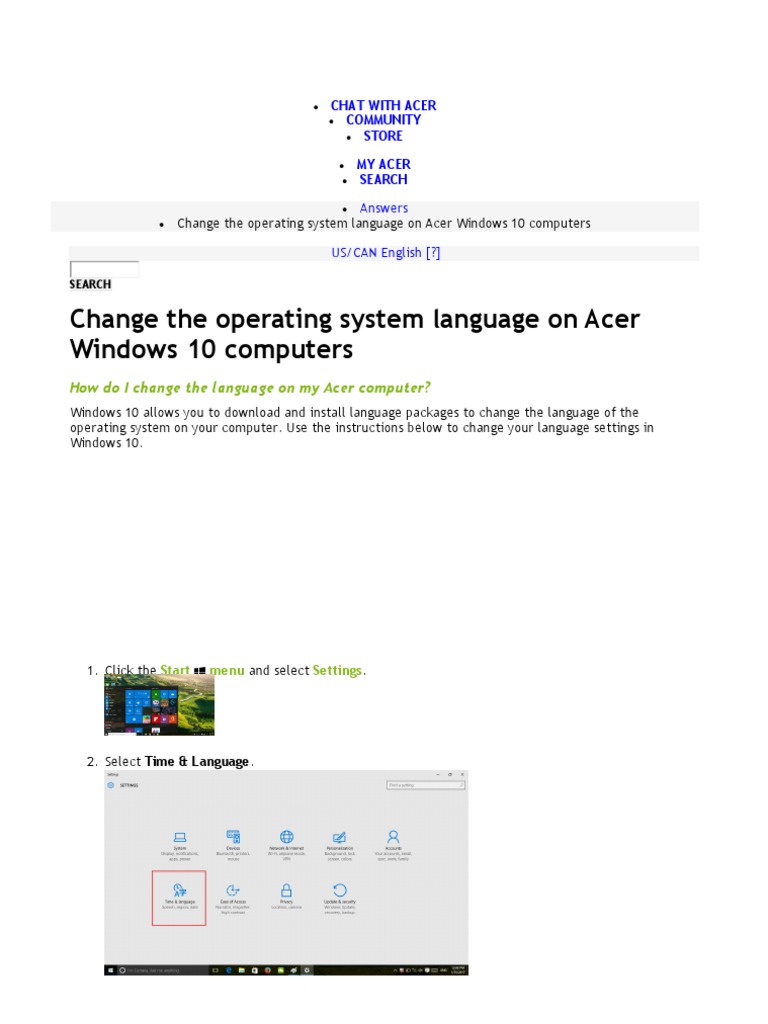 Change Language on Acer Windows 10 | PDF