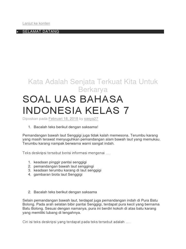 Rumah Baca Sasya Soal Uas Bahasa Indonesia Kelas 7