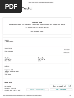 Airbnb Travel Itinerary, Confirmation Code HMAPPSXXR4