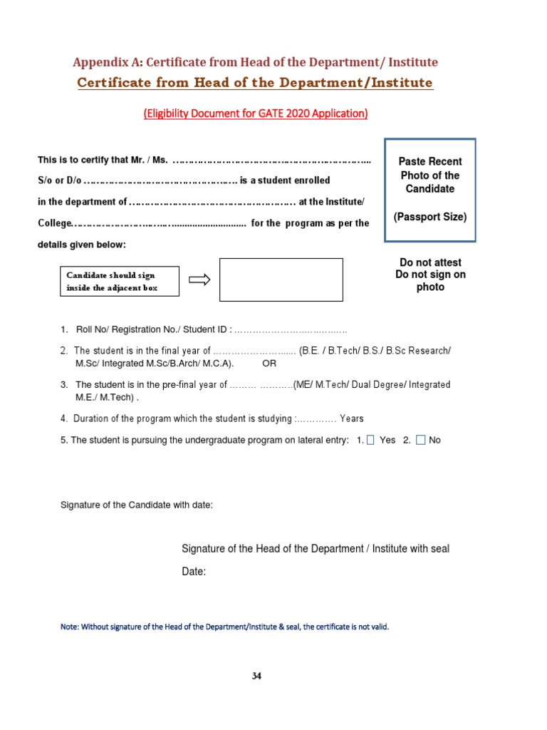 GATE 2020 Eligibility Certificate Template | PDF
