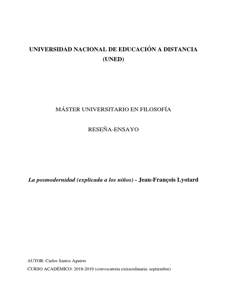 Rese a Ensayo La Posmodernidad Explicada A Los Ni os Lyotard