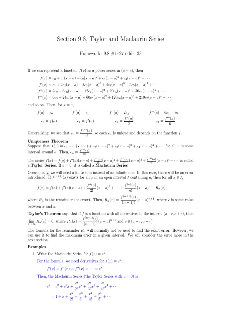 Section 9 8 Taylor And Maclaurin Series Homework 9 8 1 27 Odds 33