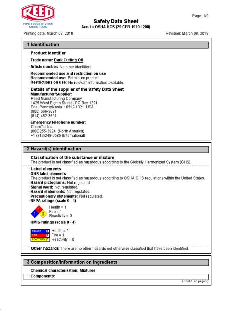 SDS Dark Cutting Oil 3 18 | Download Free PDF | Safety | Chemistry