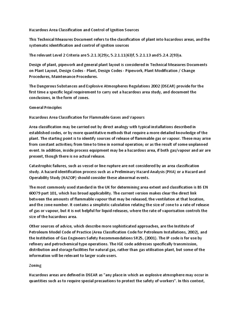 Hazardous Area Classification and Control of Ignition Sources