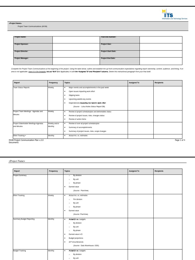 M108 Project Team Communication Plan | PDF | Data Management | Software