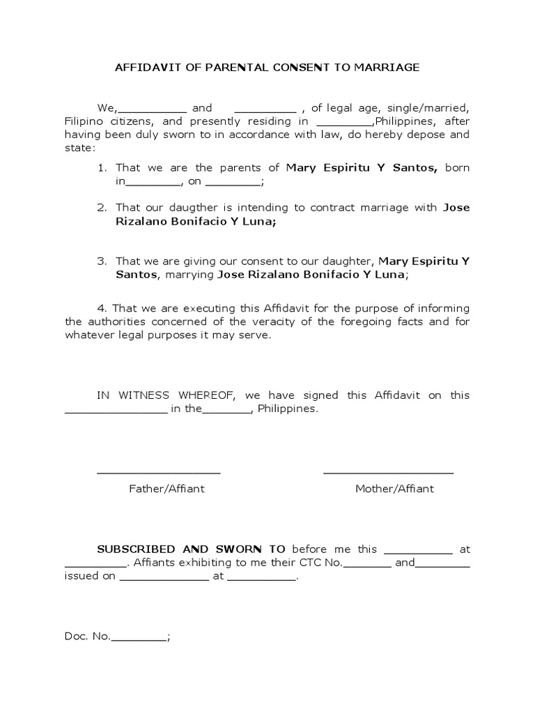 Parental Consent Affidavit for Marriage | PDF