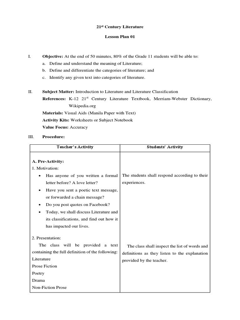 Introduction to Literature Lesson Plan | PDF | Lesson Plan | Poetry