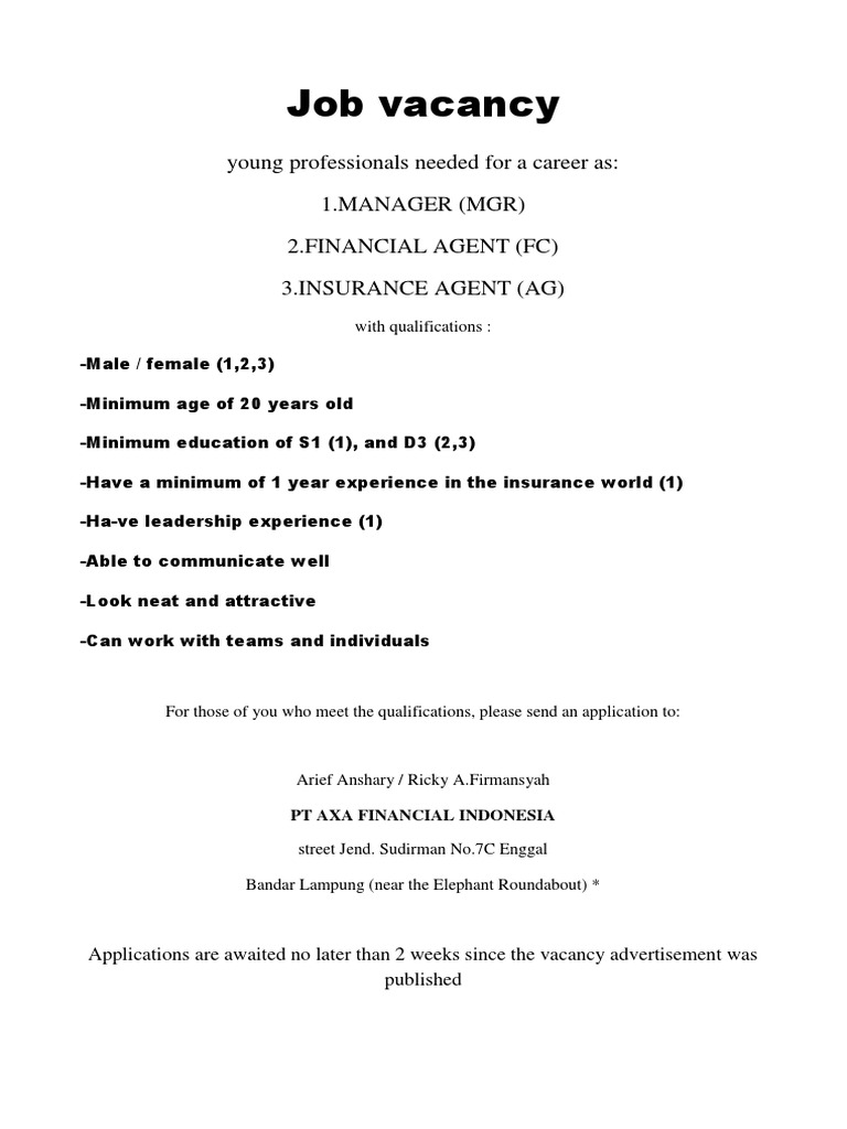 Young Professionals Job Vacancy At Pt Axa Financial Indonesia Pdf