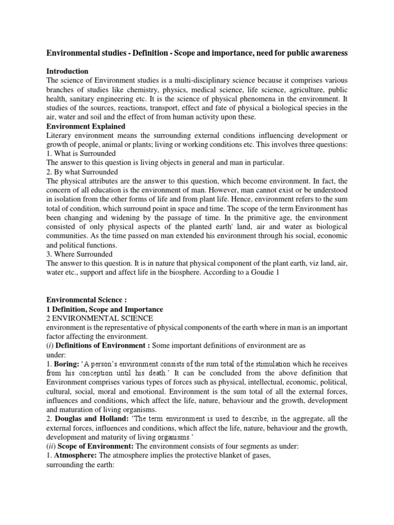 Environmental Studies Definition Scope And Importance Need For Public Awareness Ecology Natural Environment