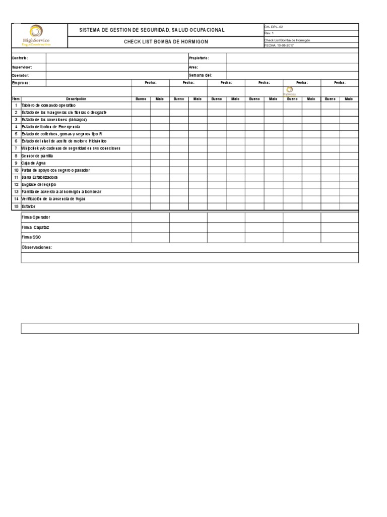 CH-DPL-Check List Bomba de Hormigón | PDF