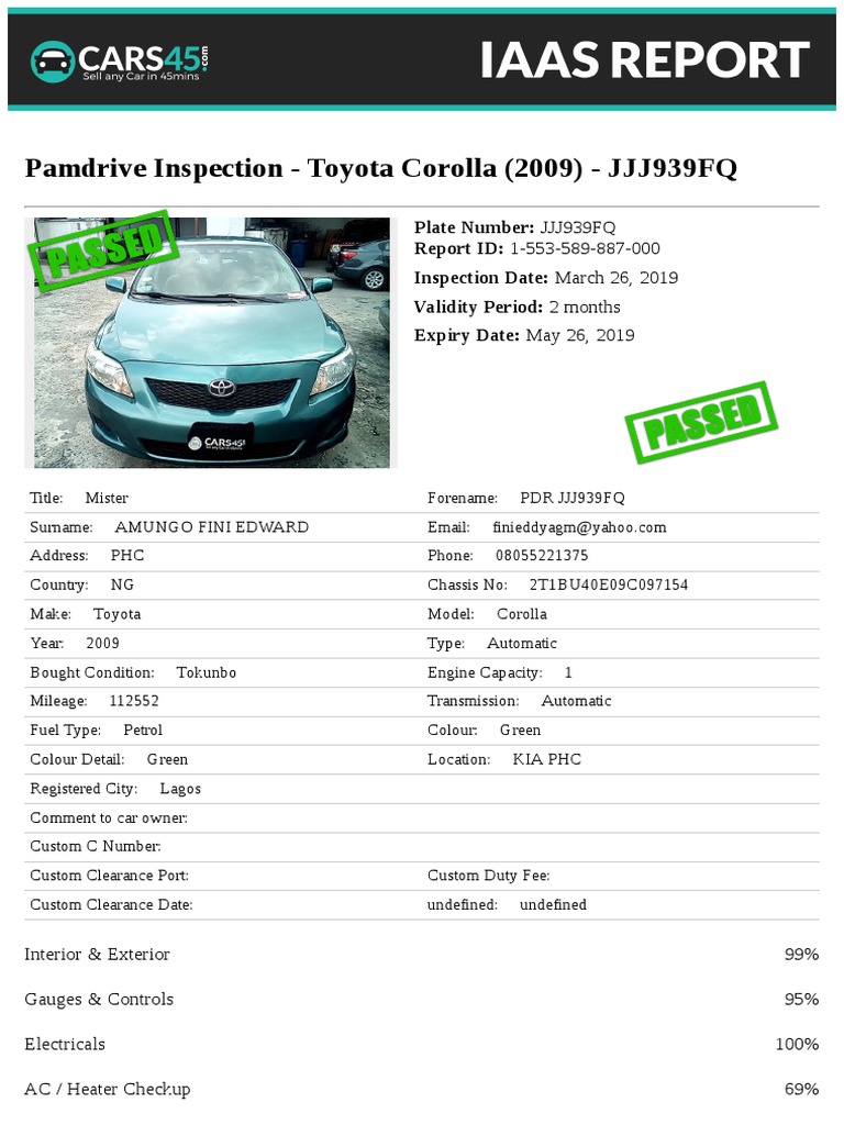 Toyota Corolla Inspection Report 2019 | PDF | Steering | Axle