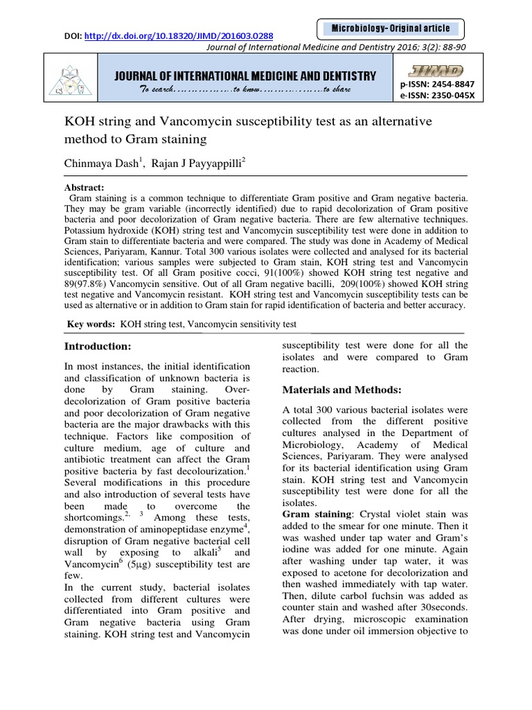 Koh string and vancomycin susceptibility test as an alternative method