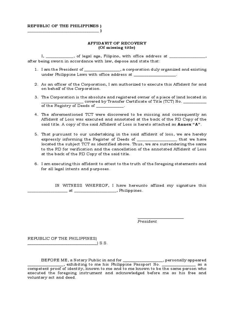 Affidavit of Recovery of Missing Title | PDF