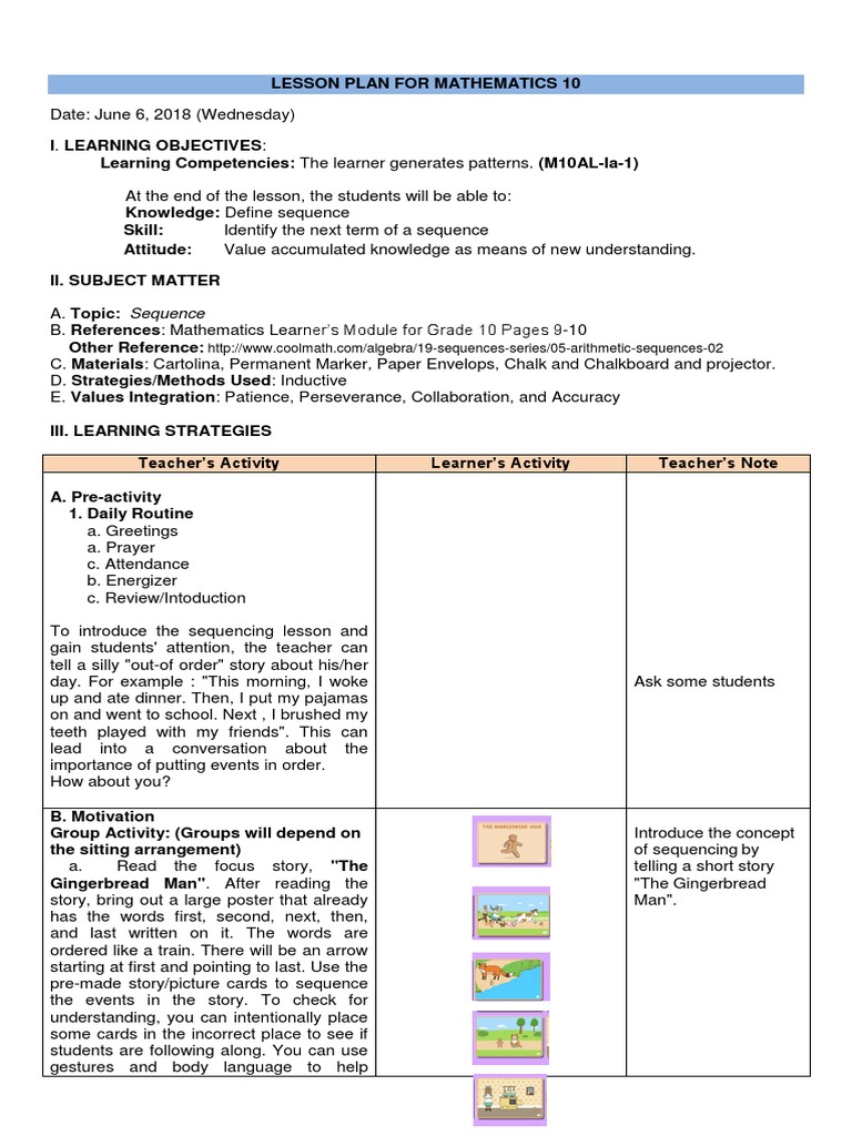 Lesson Plan in Math 10 Sequence | PDF | Sequence | Numbers
