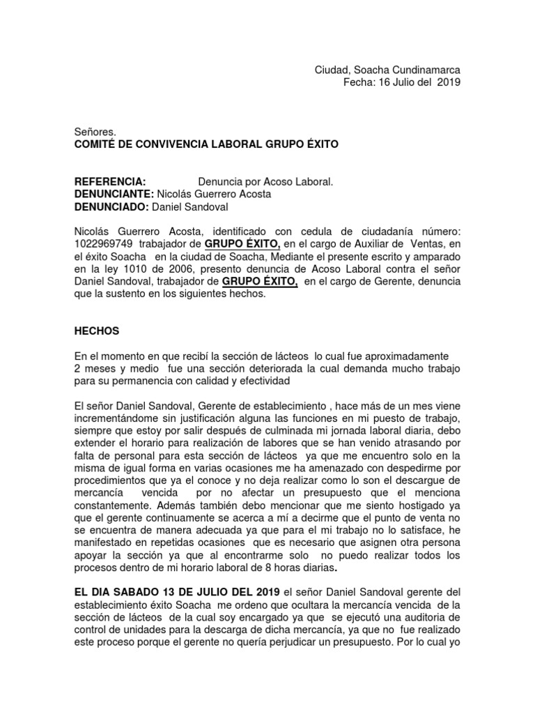 Denuncia de Acoso Laboral en Grupo Éxito | PDF | Gobierno