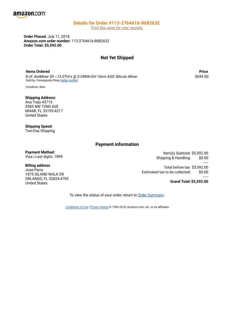 Amazon Order Invoice: AntMiner S9 | PDF