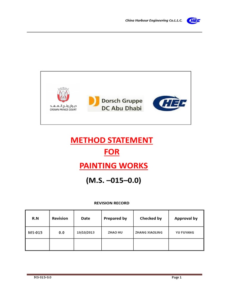 Method Statement FOR Painting Works Revision Record PDF Paint