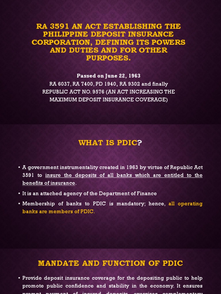 PDIC: Functions and Coverage Explained | PDF | Deposit Insurance ...