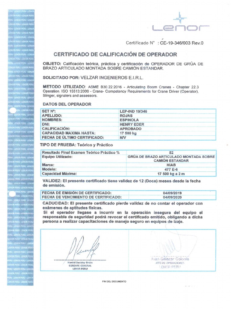 Certificado Calificación Operador Cat | PDF